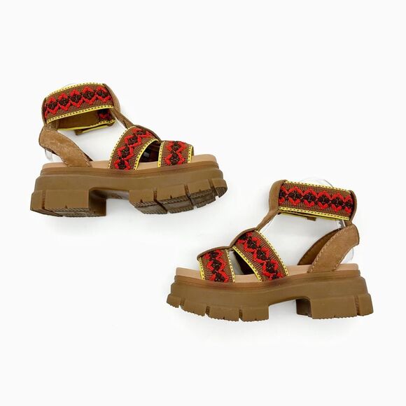 UGG Ashton Heritage Ankle Strap Lug Heel Chunky Sandals Size 7 Crochet Brown Red - Picture 7 of 11